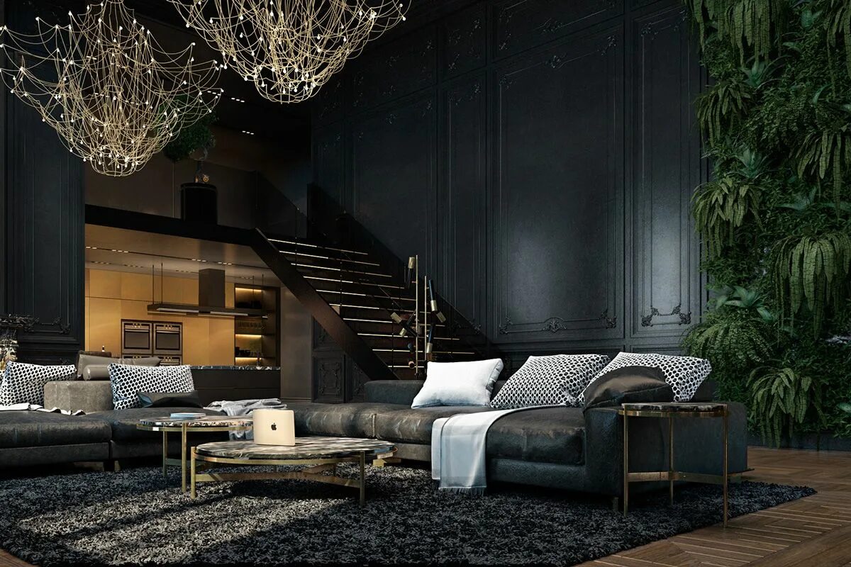 Посмотреть дизайн интерьера modern-abandoned-fortress-living-room-luscious-greenery-delicate-chandelier-diml