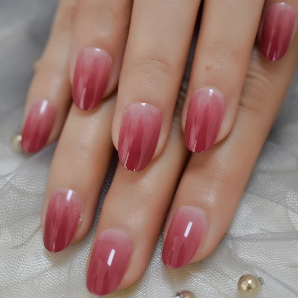 Посмотреть красивый маникюр на среднюю длину 24 Rose Red Ombre Press on Nails Nude Medium Almond French Tip Etsy