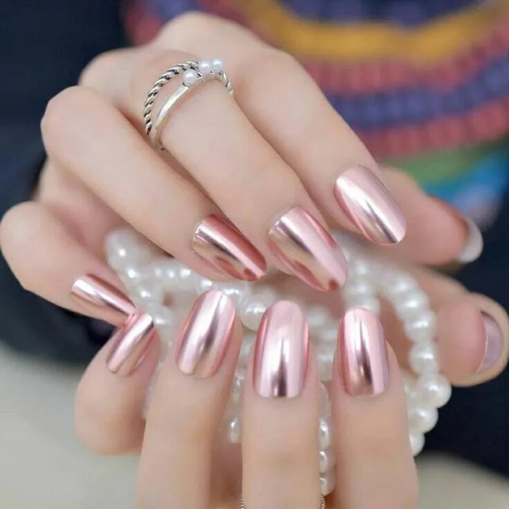 Посмотреть красивый маникюр на среднюю длину 24 Rose Gold Press On nails kit w glue chrome mirror shiny Etsy Pink chrome nail