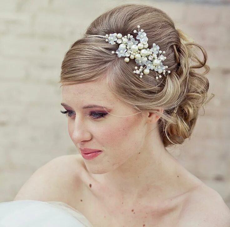 Посмотреть прически фото Wedding Hair, Rhinestone tiara with flowers and ivory pearls, wedding tiara Wedd