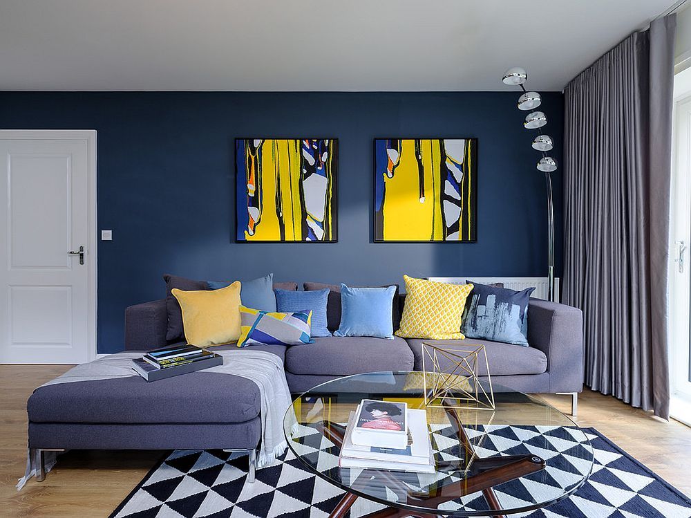 Посмотреть цвет в интерьере Contemporary living room in blue with pops of yellow Yellow living room, Blue an