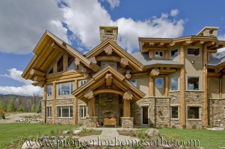 Пост энд бим проекты домов фото Log home stone home Pioneer Log Homes of BC cedar Log homes, Riverside house, Ho