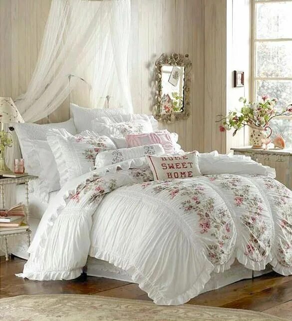 Постельное белье в интерьере спальни фото 3 PIECE SHABBY WHITE RUFFLES VINTAGE VICTORIAN COUNTRY COTTAGE CHIC QUEEN DUVET 