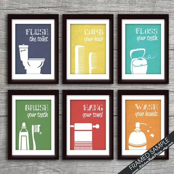 Постер для туалета фото Funny Bathroom Prints Set of 6 Art Print featured in Brushed Steel Color E, L, K