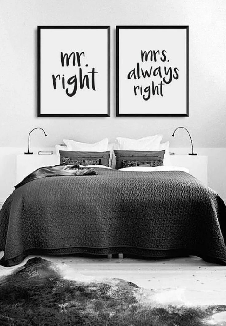 Постер в интерьере спальни Minimal wall art print Mr Right and Mrs Always Right his and hers minimalist hom