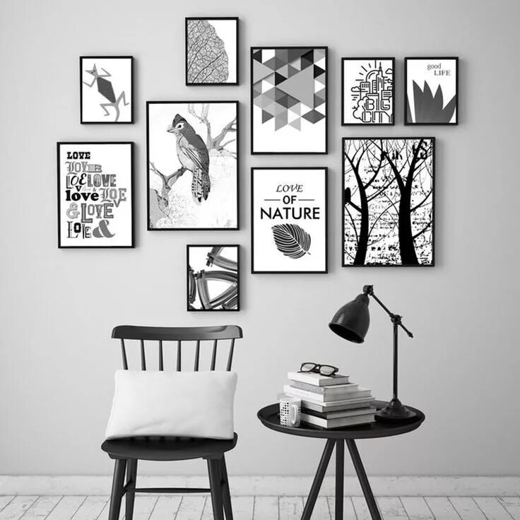 Постеры для интерьера распечатать черно белые Black And White Geometric Lizard Bird Simple Combination Canvas Painting Print P