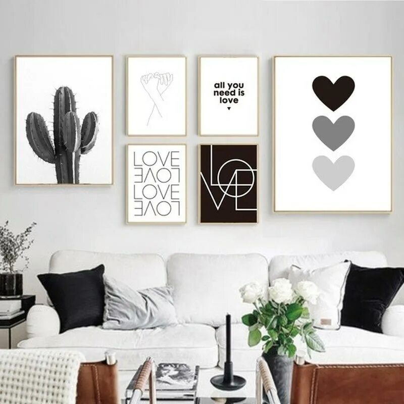 Постеры для интерьера в скандинавском стиле Canvas Painting Cactus Love Hearts Black And White Wall Posters And Prints Minim