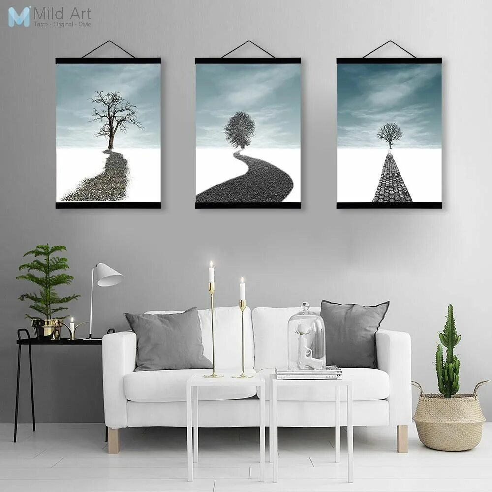 Постеры для интерьера в скандинавском стиле Modern Abstract Landscape Tree Road Photo Wooden Framed Canvas Paintin Living ro