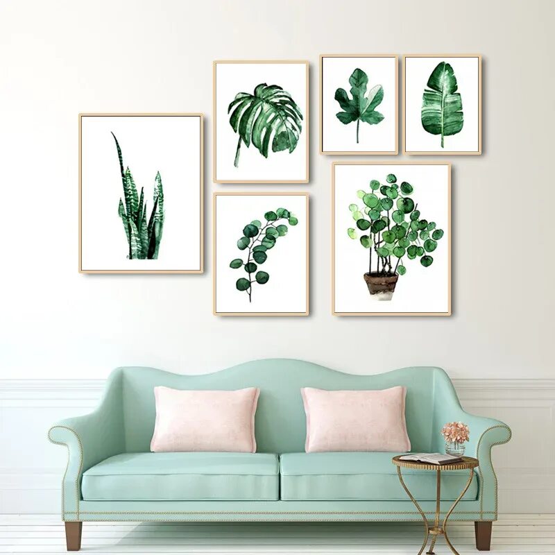 Постеры на стену для интерьера бесплатно Watercolor Green Plants Leaves Canvas Paintings Nordic Scandinavian Office Wall 