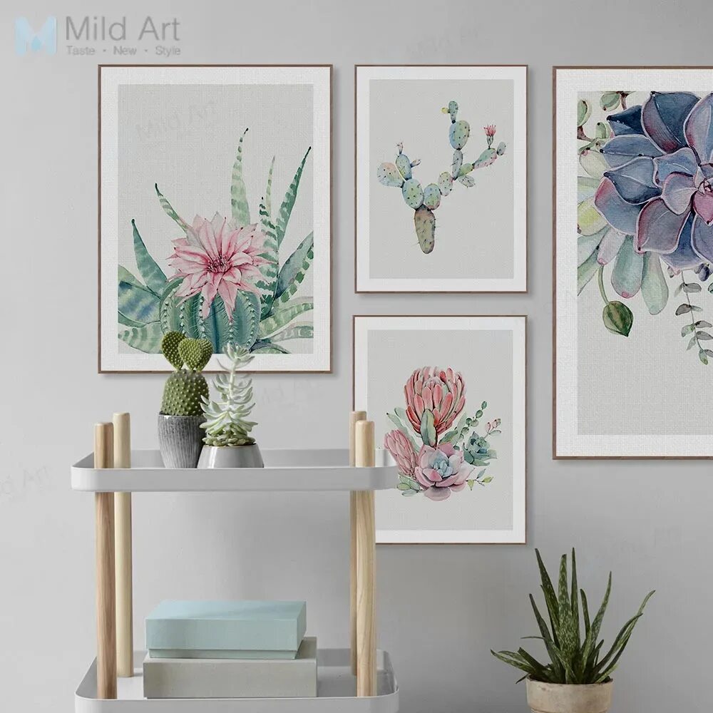 Постеры с цветами для интерьера на стену Watercolor Succulent Plants Cactus Flower Poster Print Nordic Style Living Room 