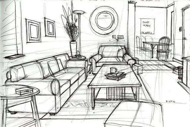 Построение интерьера комнаты Image result for living room line drawing Room perspective drawing, Perspective 