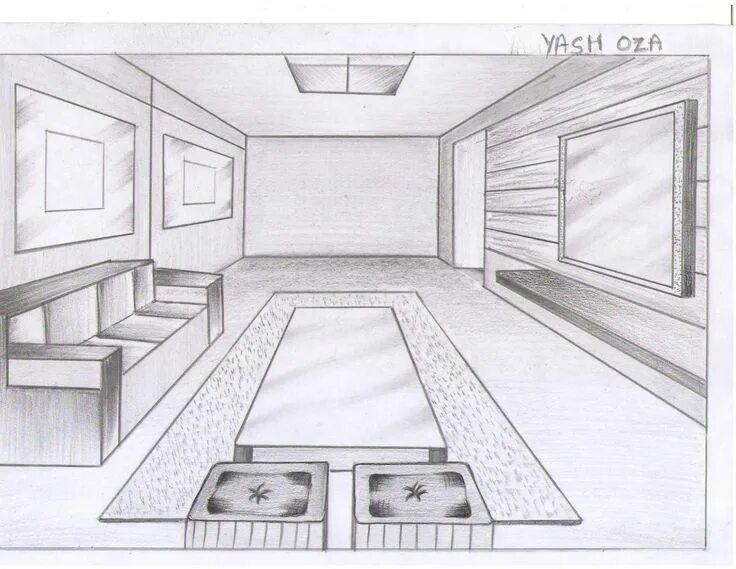 Построение перспективы интерьера комнаты Image0006.JPG (1600 × 1237) Interior design sketch, Interior design sketches, Pe