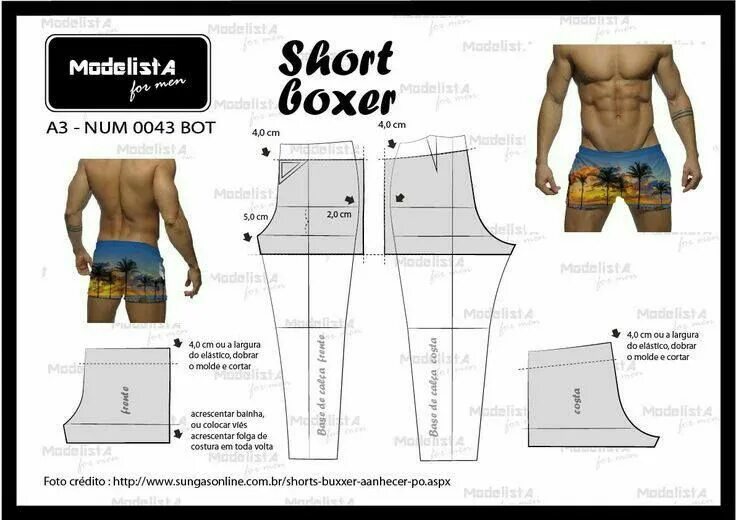 Построение выкройки мужских боксеров Short Boxer Padrão de cueca, Padrão de calças, Modelista