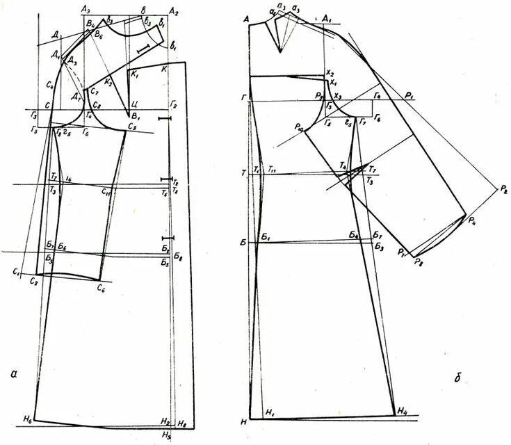 Построение выкройки пальто женского Рис. 103. Чертеж пальто с цельнокроеными рукавами и кокеткой Выкройки, Пальто, Ч