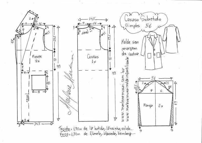 Построение выкройки пальто женского Pijama Hospitalar Ou Cirúrgico Com Decote V Unisex Выкройки, Уроки шитья, Пальто