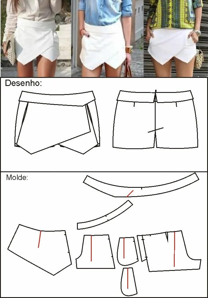 Построение выкройки юбки шорты M&M Moda,Estilo e Modelagem...: Molde short saia assimétrico Moldes de ropa, Con