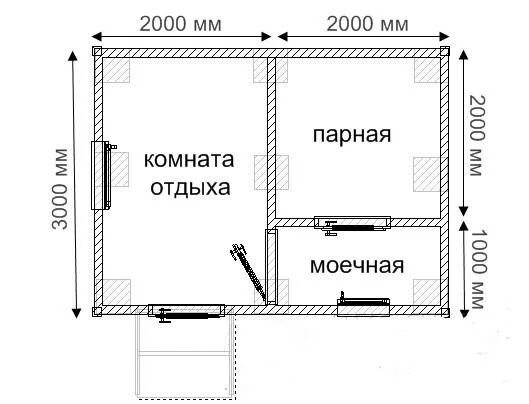 Построить баню чертеж Наиболее целесообразный вариант планировки бани 3х4 м - Banya-Expert.com - порта