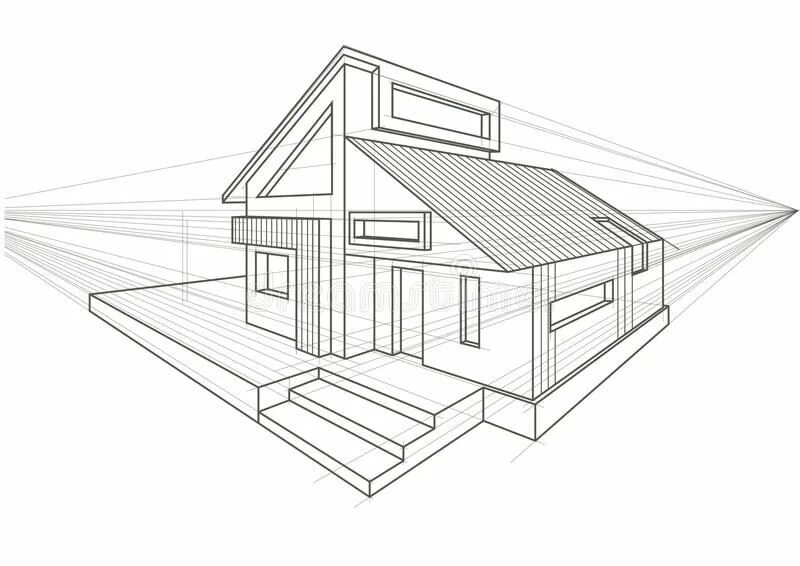 Построить чертеж дома Illustration about Linear architectural sketch detached house perspective. House