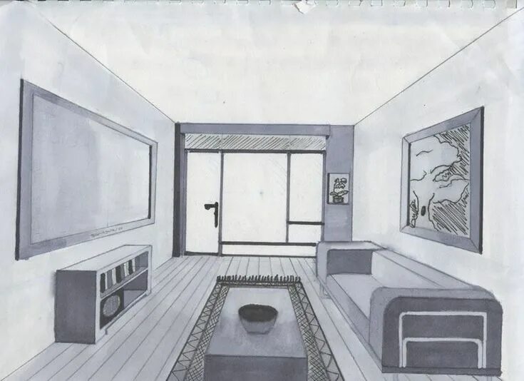 Построить интерьер комнаты Drawn Living Room 1 point perspective 12 - 800 X 581 Perspective room, Perspecti