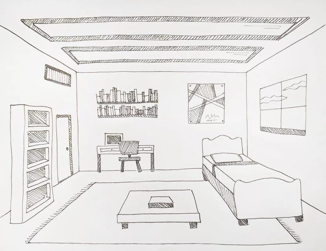 Построить интерьер комнаты Drawing a Room Using One-Point Perspective Perspective room, Perspective drawing