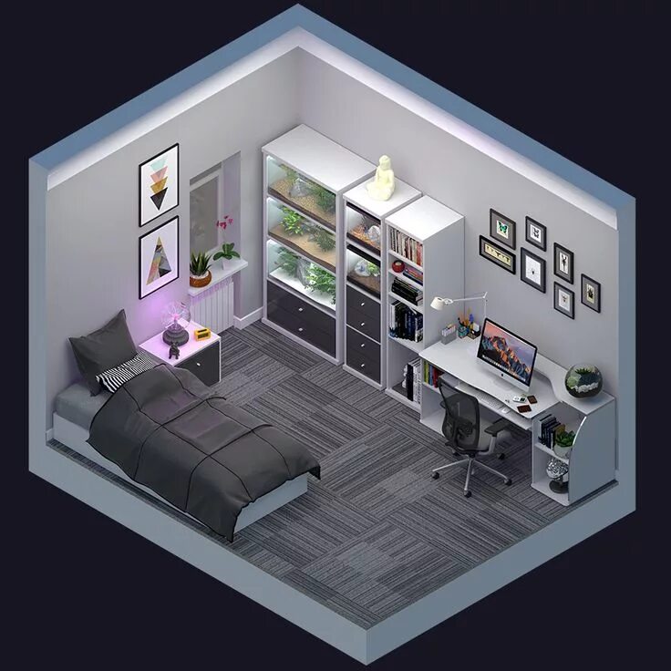 Построить интерьер комнаты Isometric bedroom render Small room design, Boy bedroom design, Bedroom layouts