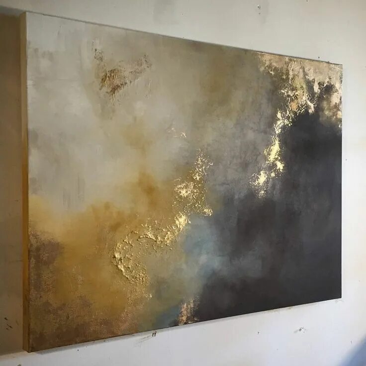 Поталь на стене в интерьере Large Painting Gold Leaf Abstract Yellow and Brown 30 X 40 aerial Storm - Etsy C