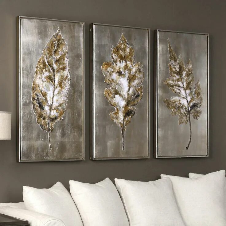 Поталь на стене в интерьере Uttermost Champagne Leaves Framed Wall Art 3-piece Set Fiks, Sølv