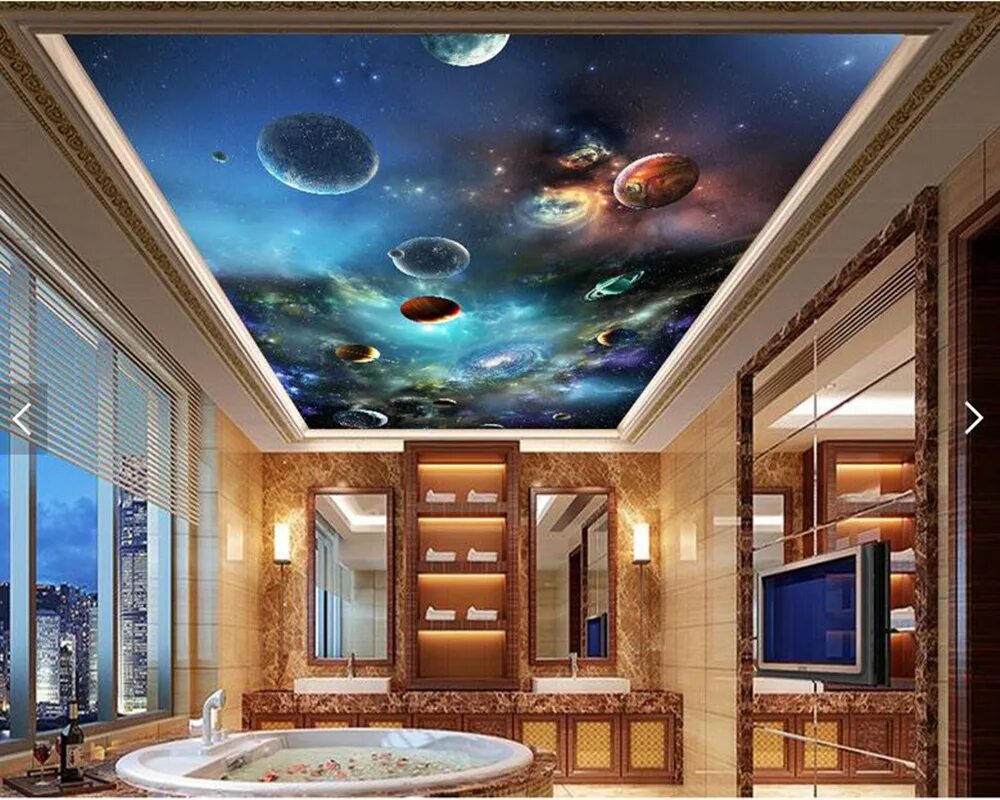 Потолки 3 д фото Custom Ceiling Wallpaper, Cosmic Starry Solar System Planet Fresco For Living Ro