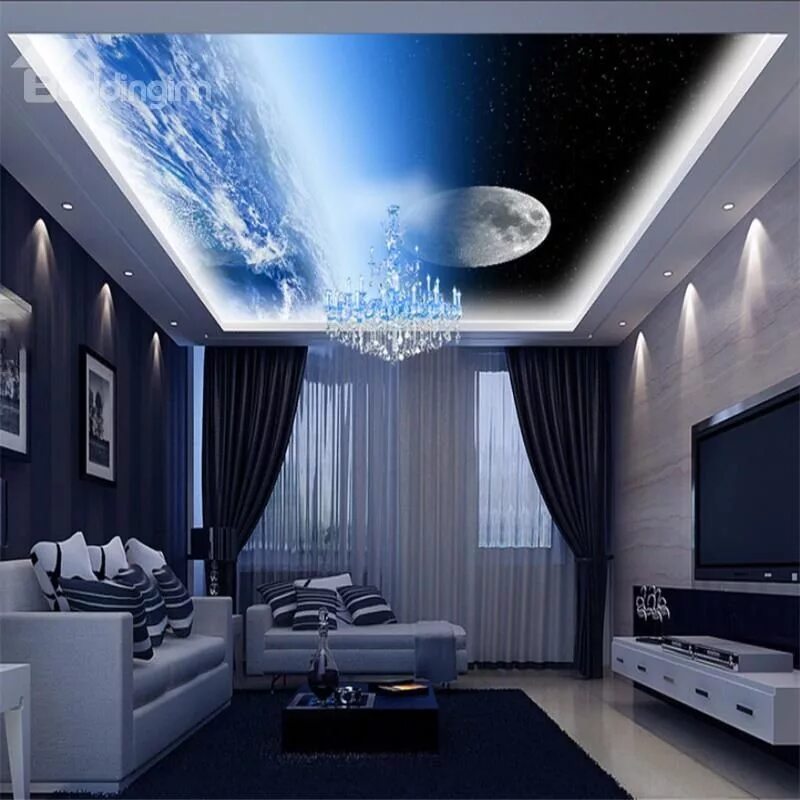 Потолки натяжные фото современном стиле с подсветкой 3D Round Moon Printed PVC Waterproof Sturdy Eco-friendly Self-Adhesive Ceiling M