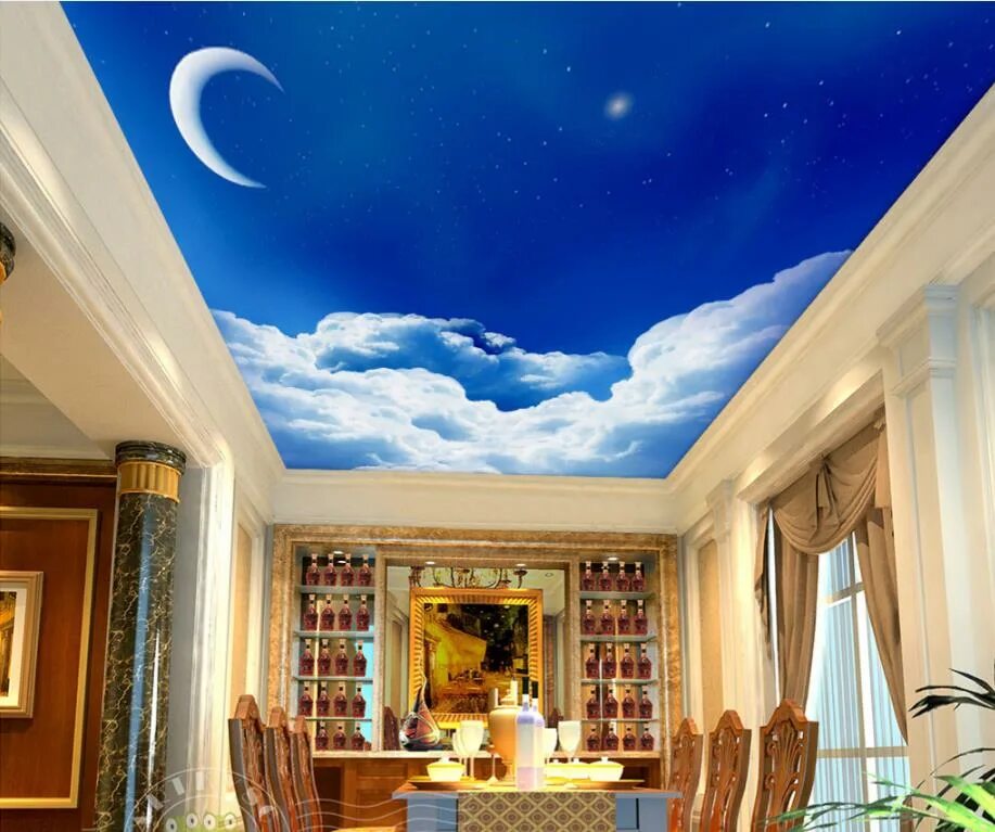 Потолки небо фото European Wallpaper Blue sky white clouds crescent star 3D Sky Ceiling Mural Deco