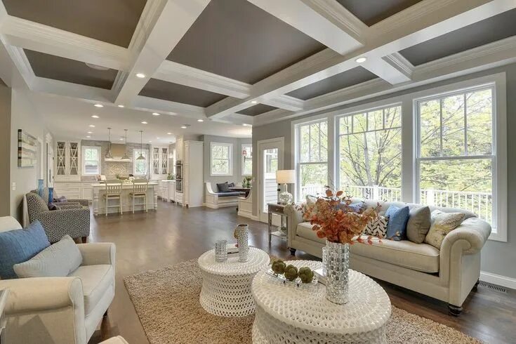 Потолки в доме варианты отделки фото Living room, interior design, white trim, coffered ceiling Living room ceiling, 