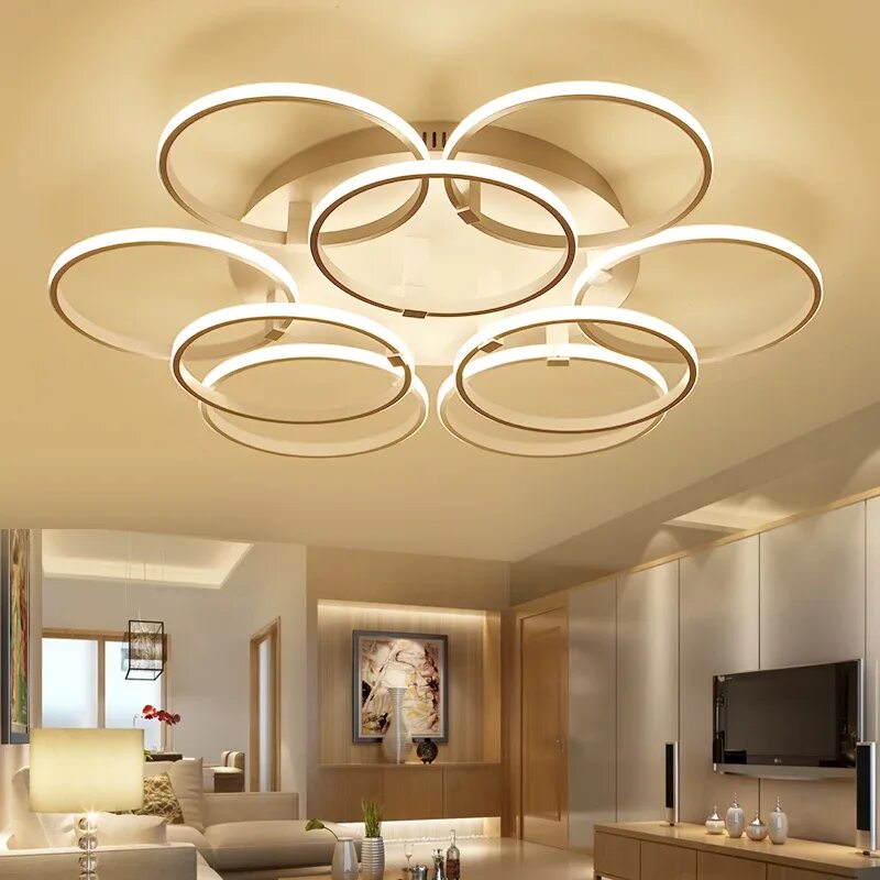 Потолочные люстры фото на потолке Купить Светодиодная потолочная лампа, 9 колец, белые алюминиевые лампы, креативн