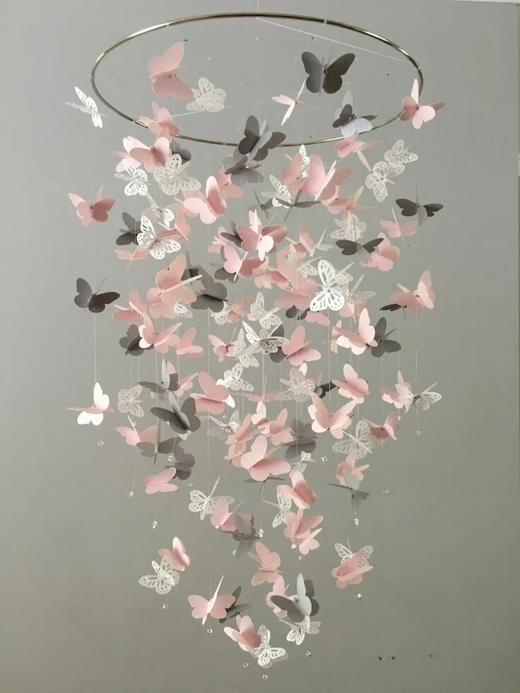 Потолочный декор своими руками Butterfly Chandelier Mobile, in pink, gray and white-mostly solid butterflies, s