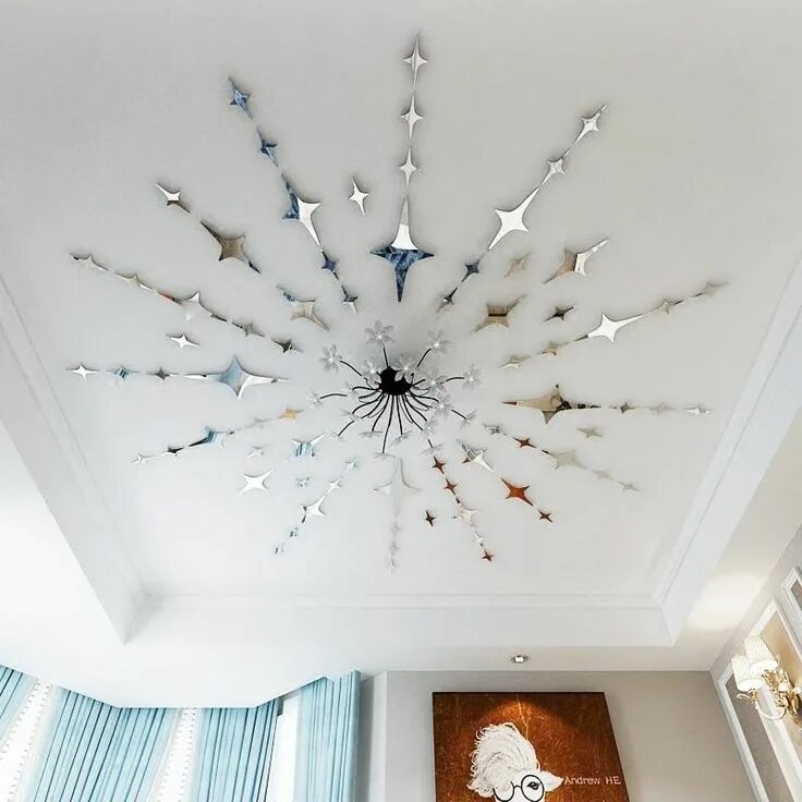 Потолочный декор своими руками Ceiling Mirror 56pcs Star 3D Wall Mirror Stickers Idéias de decoração para casa,