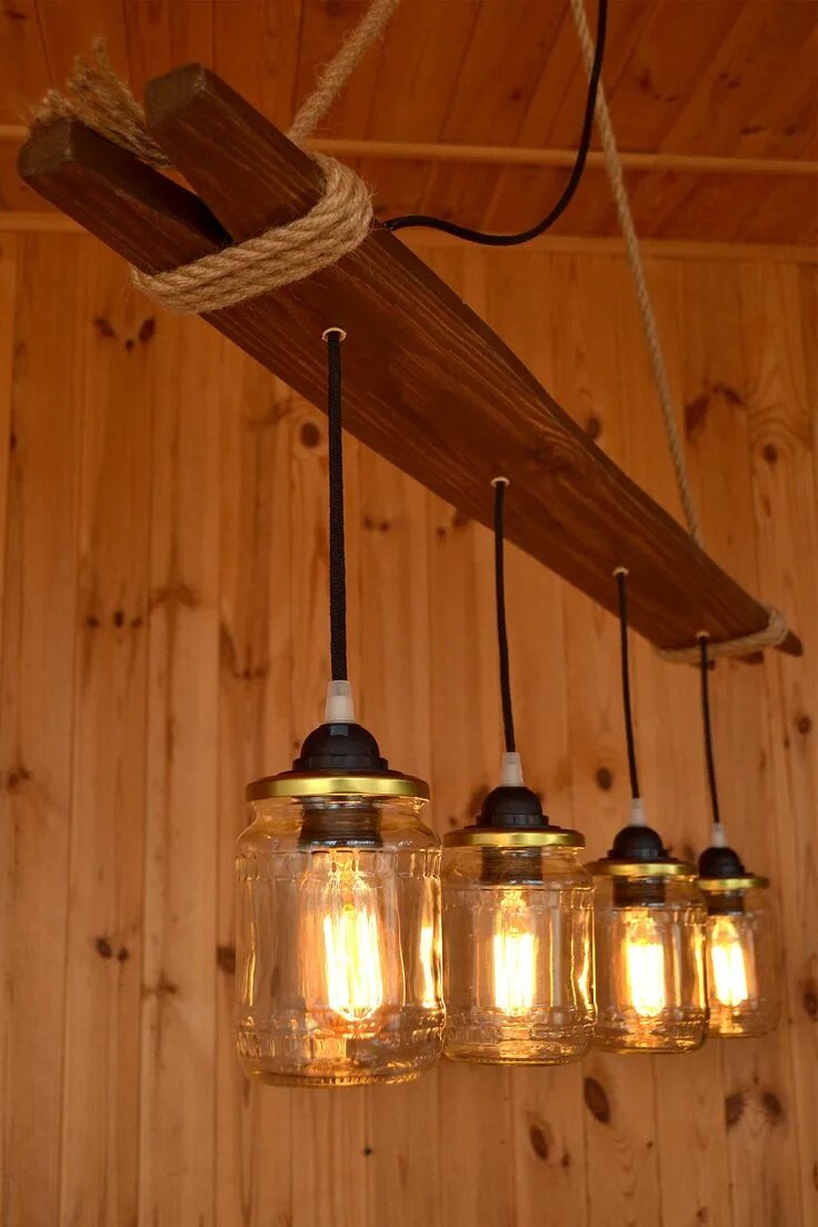 Потолочный светильник своими руками Pendentif lampe en bois d'un bocal en conserve, pot Mason, lampe rustique, lustr