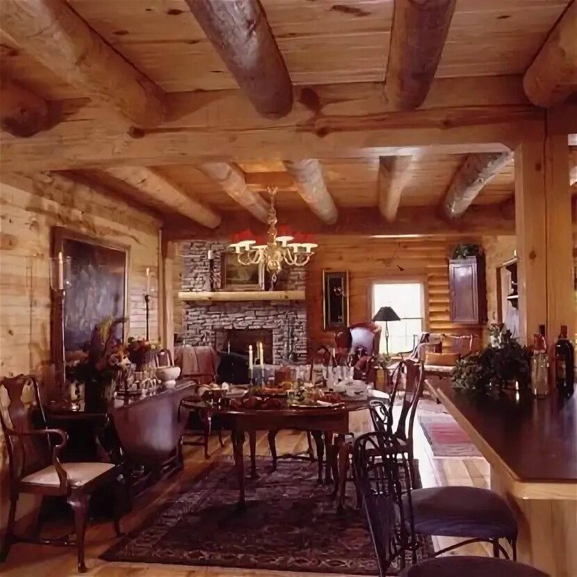 Потолок из бревен фото Log home dining room with chandelier and fireplace Kitchens & Dining Rooms Log h