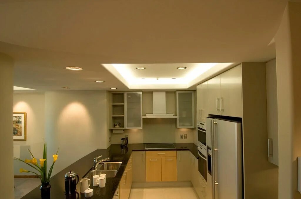 Потолок над кухней фото Яркие точечные светильники Galley kitchen design, Kitchen recessed lighting, Kit