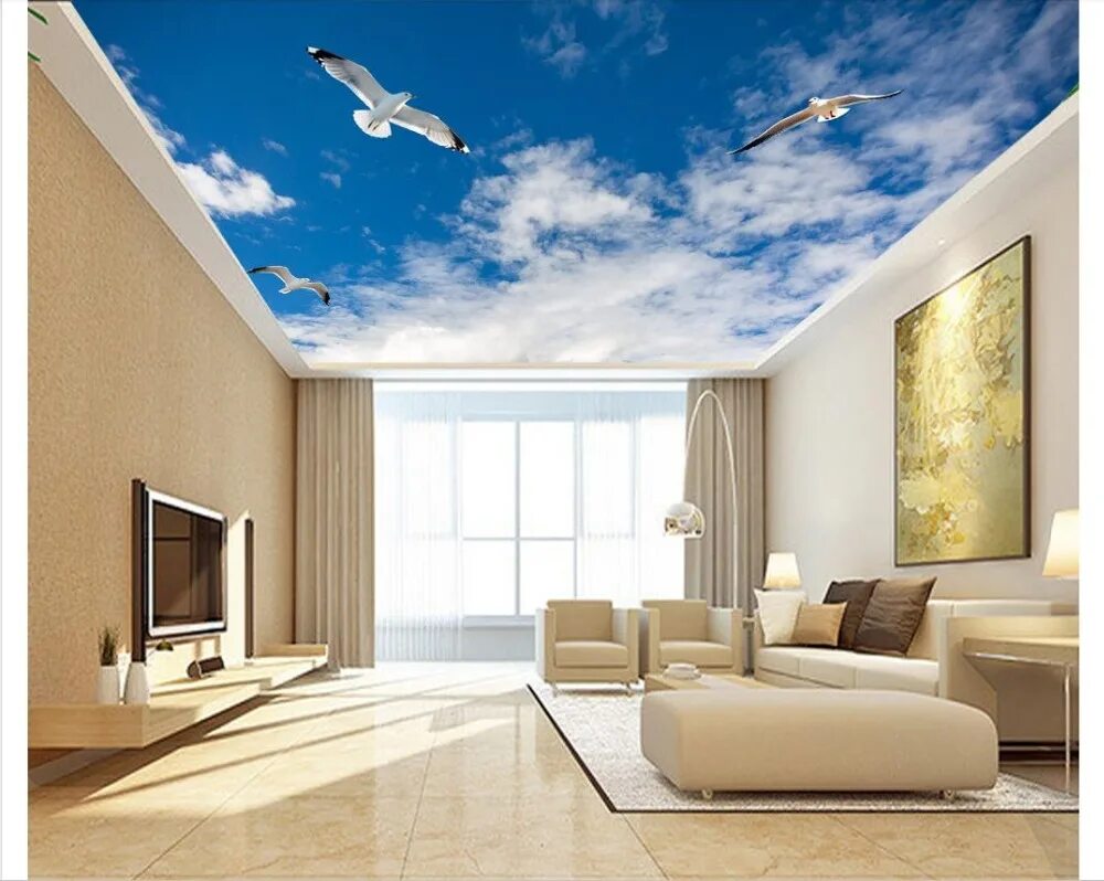 Потолок небо с облаками фото 3d wallpaper Custom 3d ceiling murals Blue Sky White Clouds Sunlight Ceiling Zen