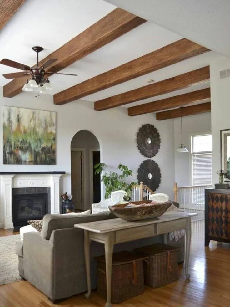 Recessed lights wrapped beams Ceiling beams living room, Wooden beams ceiling, B