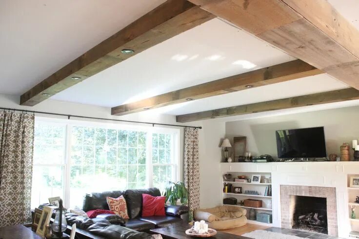 Потолок с балками фото Recessed lights wrapped beams Ceiling beams living room, Wooden beams ceiling, B