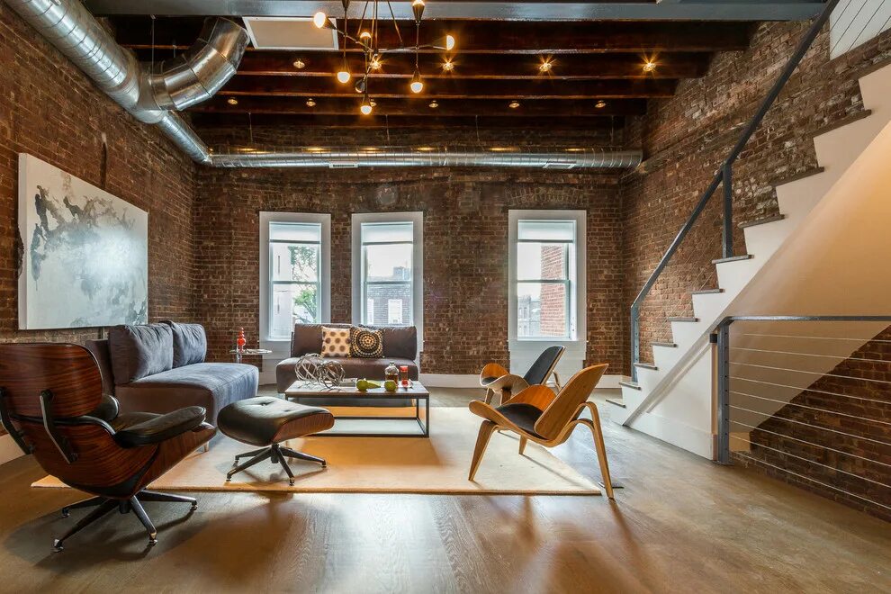 Потолок в интерьере стиля лофт Loft-like living room - Лофт - Гостиная - Нью-Йорк - от эксперта Dixon Projects 