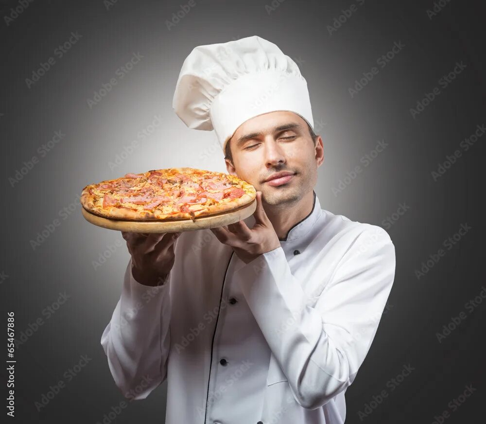 Повар пиццы фото Portrait of a chef with closed eyes smelling pizza Stock Photo Adobe Stock