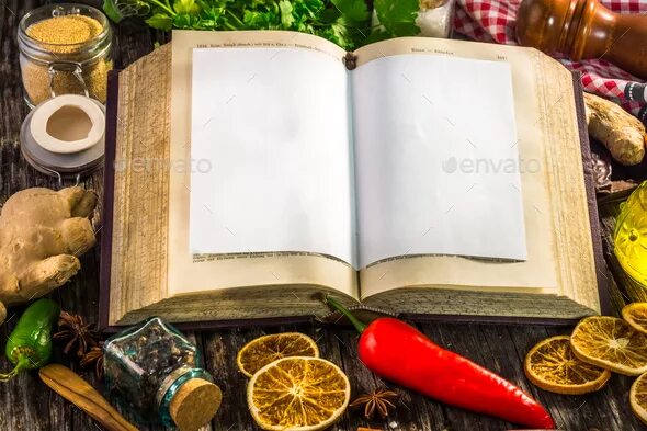 Поваренная книга фото Open recipe book with ingredients Stock Photo by DanielVincek PhotoDune