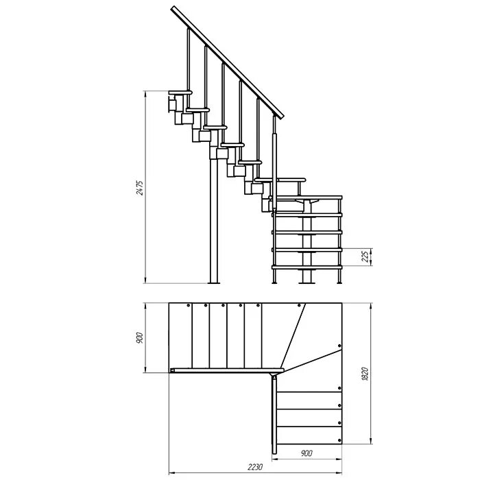 Поворотная лестница на второй этаж чертеж МОДУЛЬНАЯ ЛЕСТНИЦА 90 град.