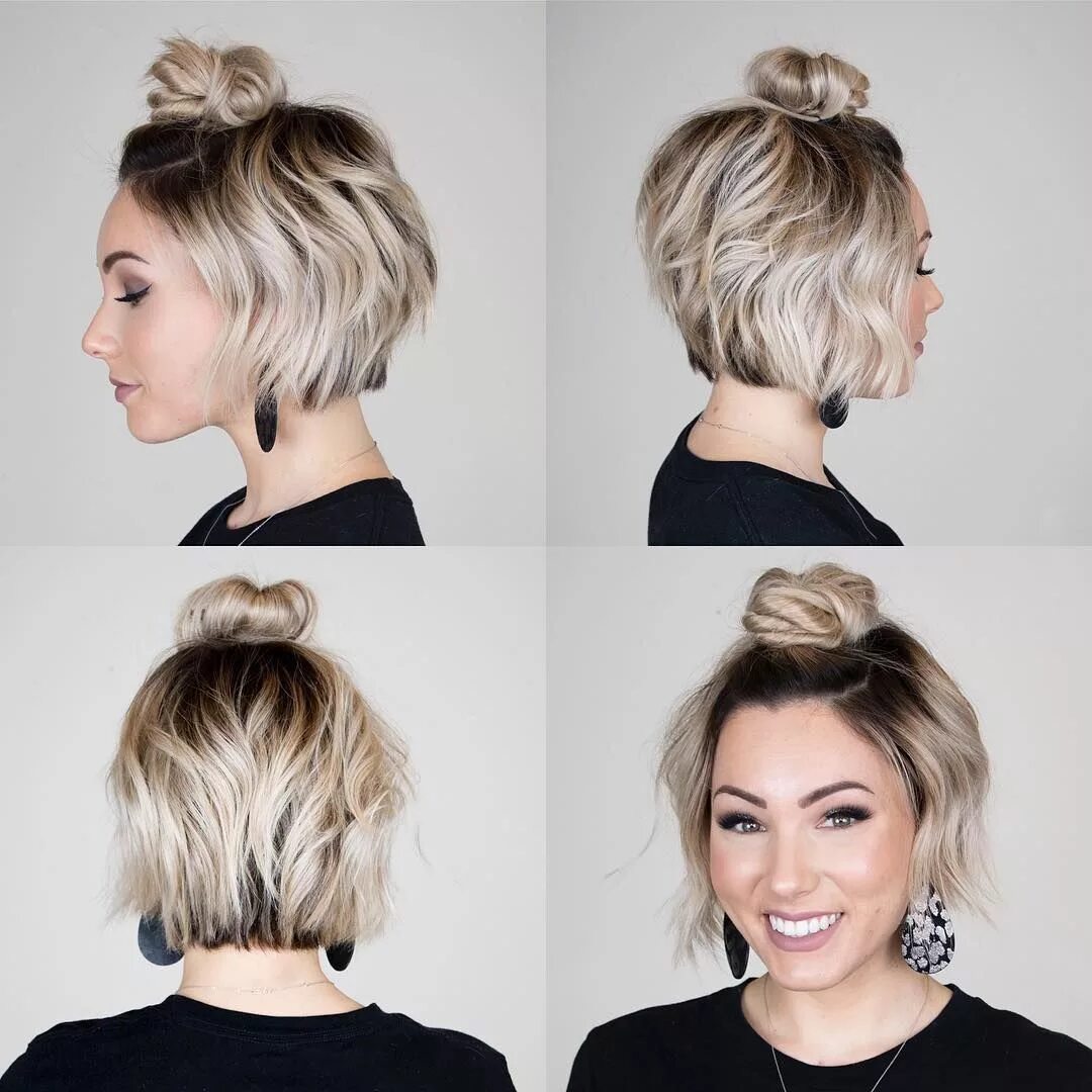 Повседневные прически на короткие волосы Chloé Brown ♡ Short Hair on Instagram: "✨ Top Bun ✨ New hair tutorial is up on m