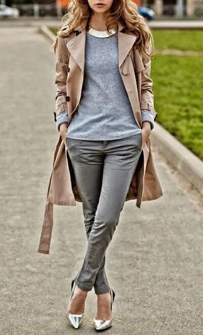 Повседневный стиль одежды фото Autumn and winter fashion. Grey pants and jumper, silver pointy heels and beige 