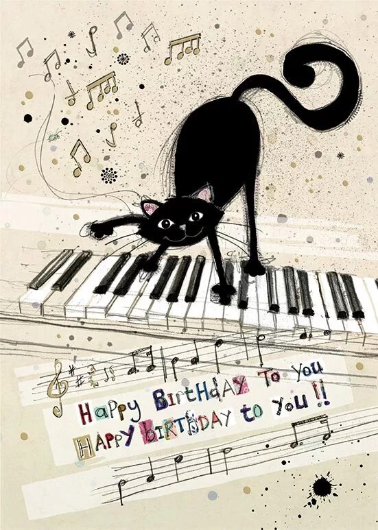 Поздравление с днем музыки картинки прикольные Bug Art H014 Cat Keyboard greetings card Happy birthday cat, Cat birthday, Happy