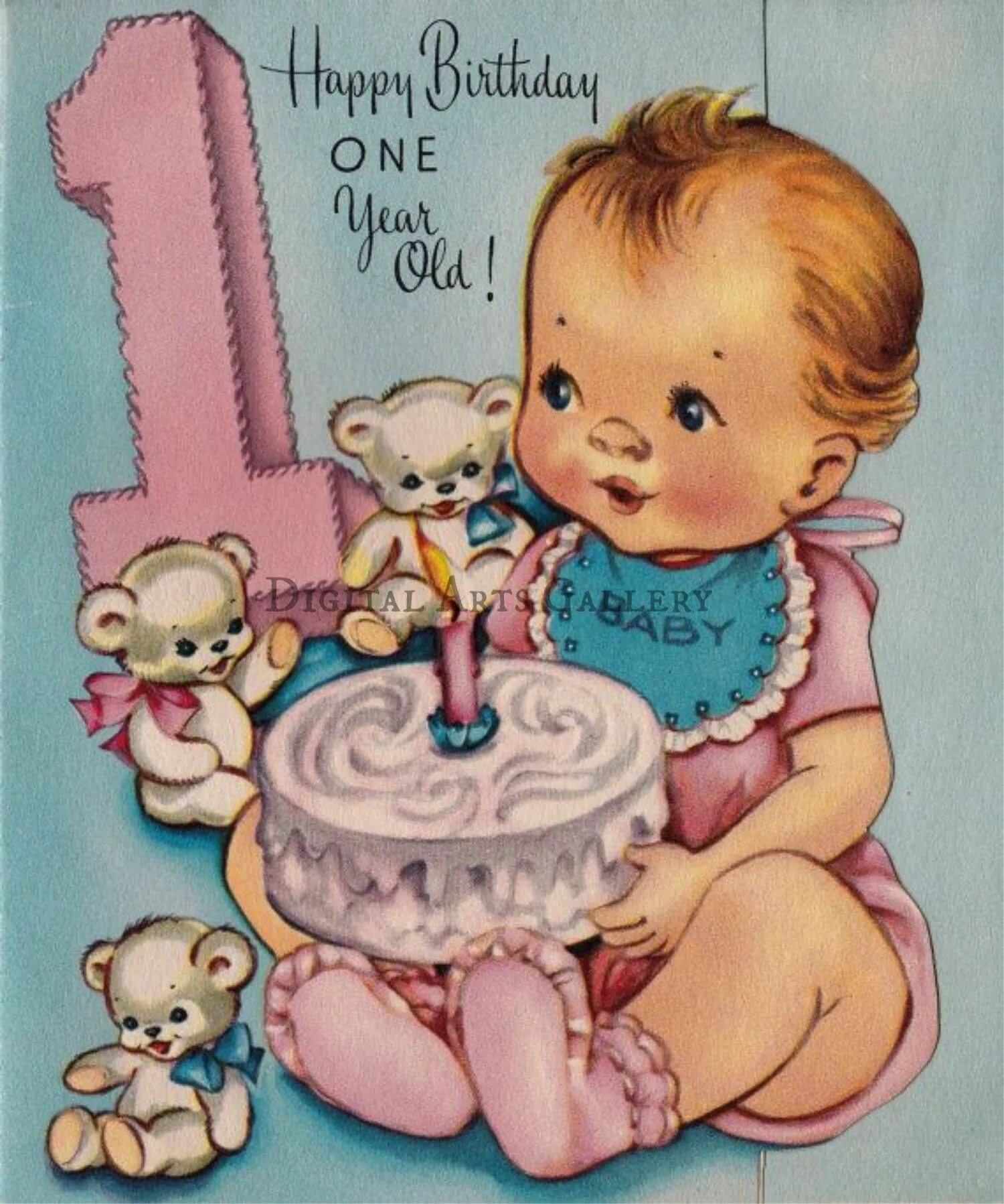 Поздравление с днем рождения 1 годик картинки Vintage Happy First Birthday Baby Girl, Vintage 50s Digital Print - Etsy Happy b