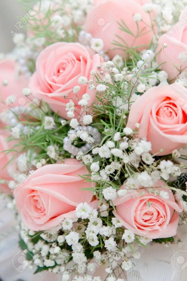 Поздравление с рождением цветы фото Close up shot of pink bridal bouquet made of pink roses and baby's breath Pink r