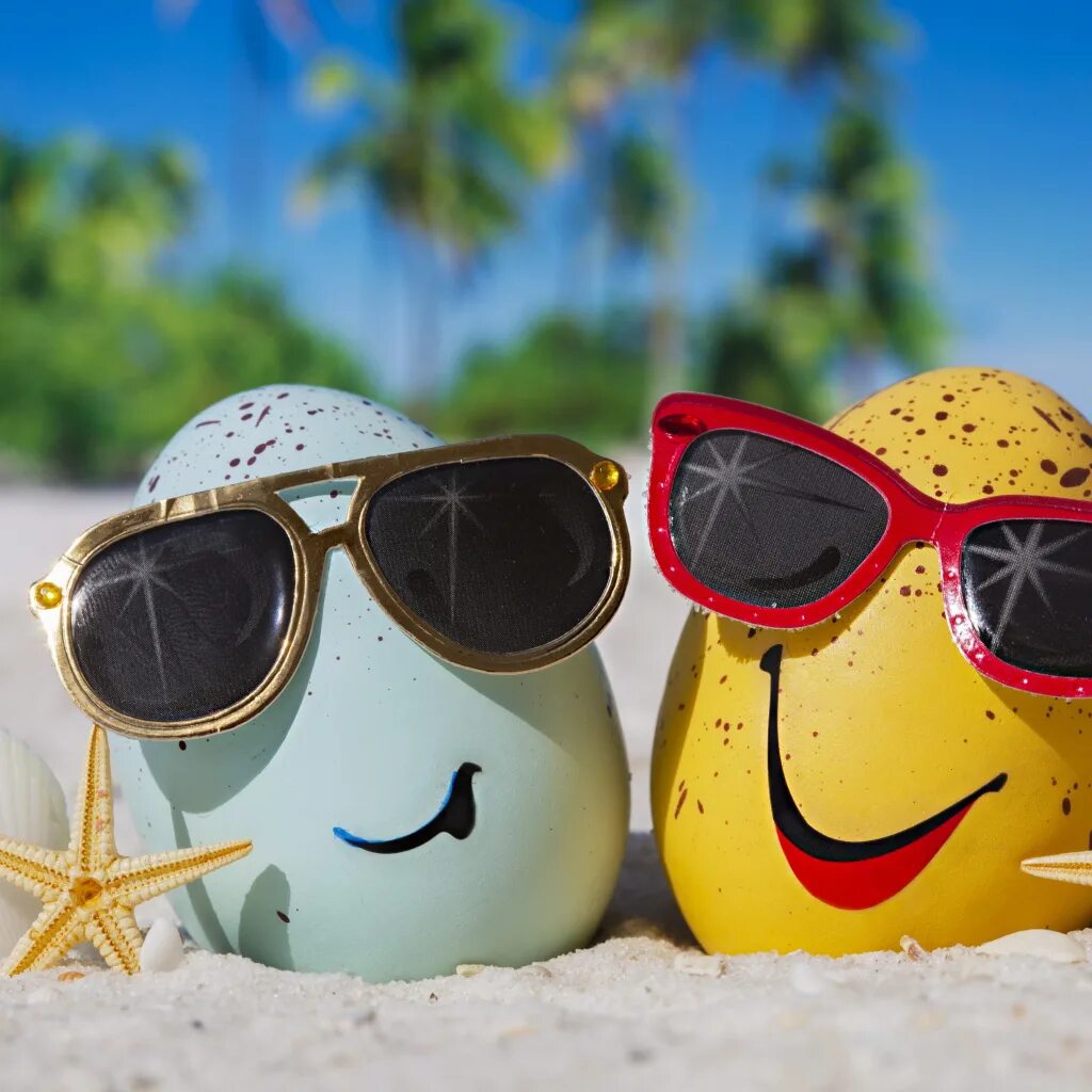 Позитивная летняя картинка Two eggs in sunglasses on the sea sand in summer Desktop wallpapers 1024x1024